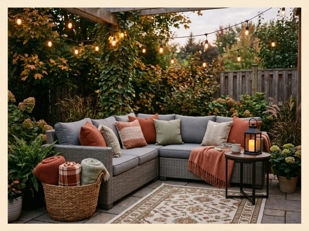 Outdoor Throw Pillows and Blanket Basket