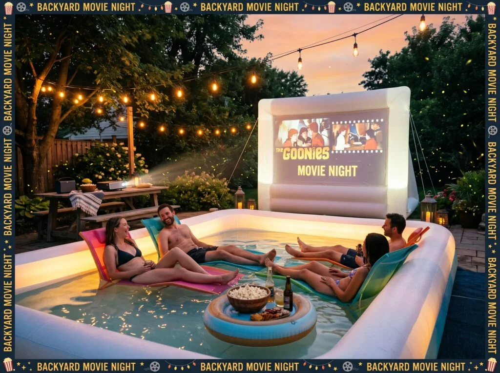 Pool with Floating Movie Night Projection Setup