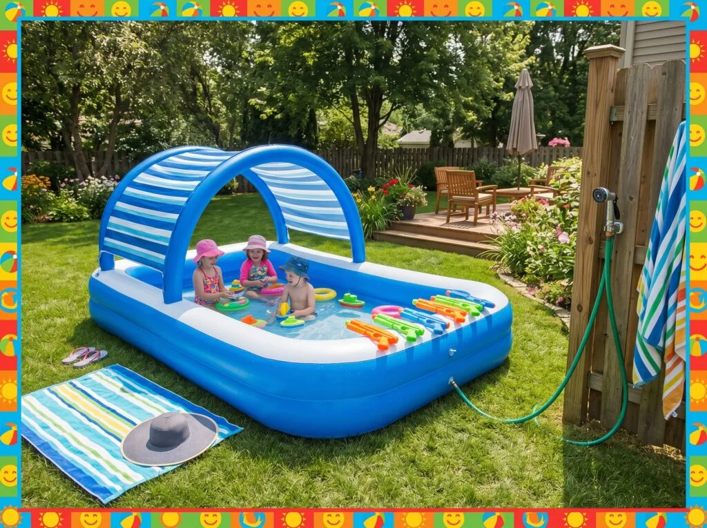 Rectangular Family Pool with Built-In Shade Canopy