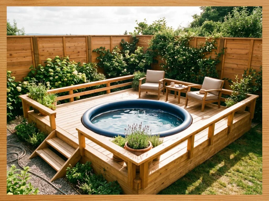 Natural Wood Deck Frame Around an Inflatable Pool