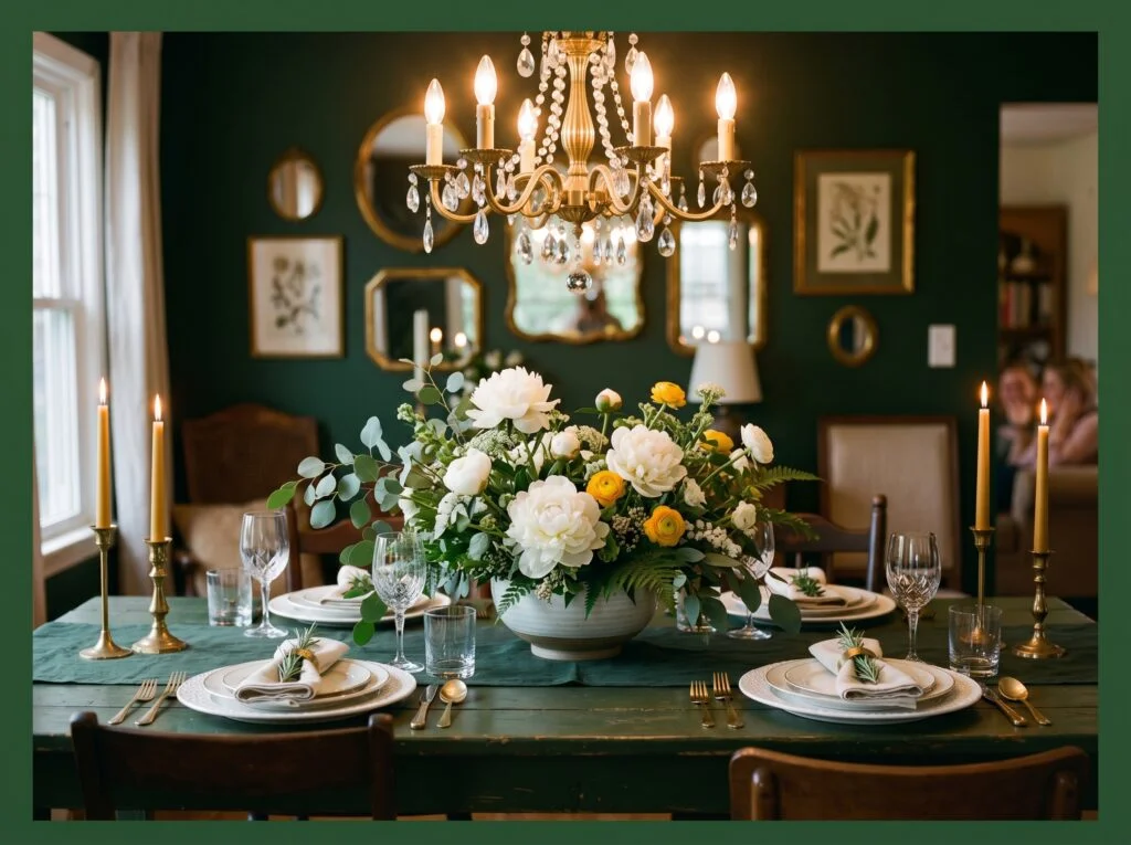 Green Dining Room with Floral Centerpieces