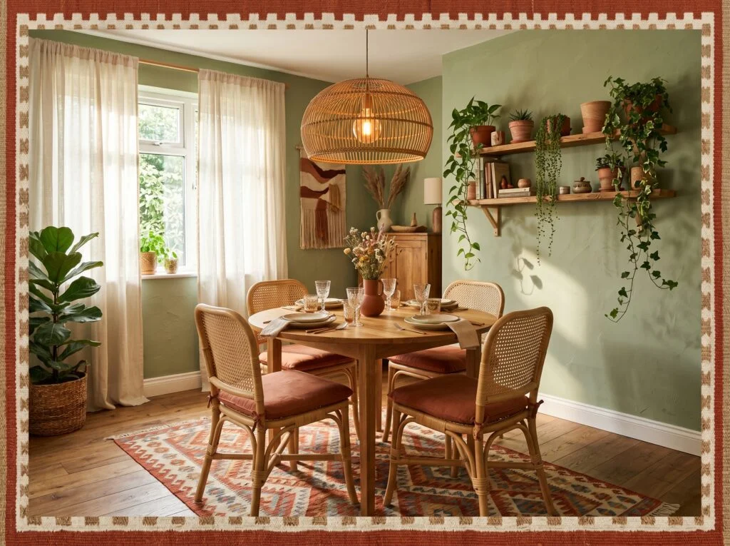 Warm Sage Green with Terracotta and Rattan