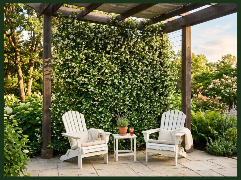 Living Wall with Climbing Jasmine and Wire Trellis