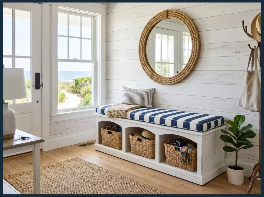 Coastal White Bench with Wicker Basket Cubbies