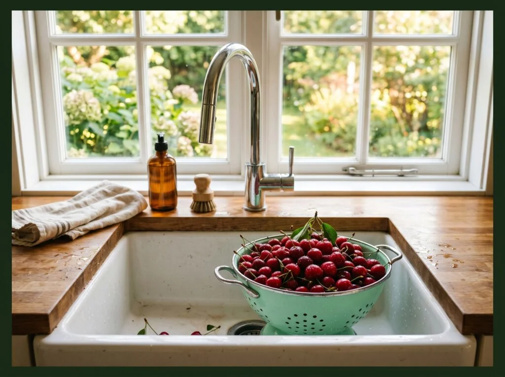 Colored Enamel Colander Left Out as Decor