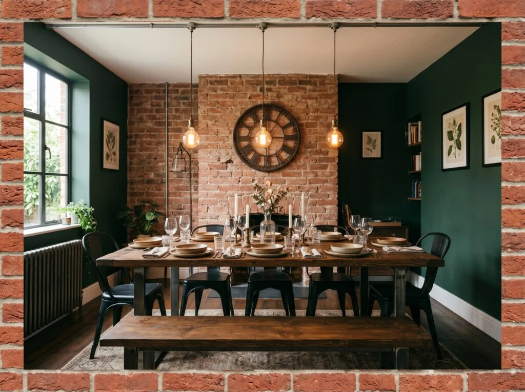 Green Dining Room with Exposed Brick