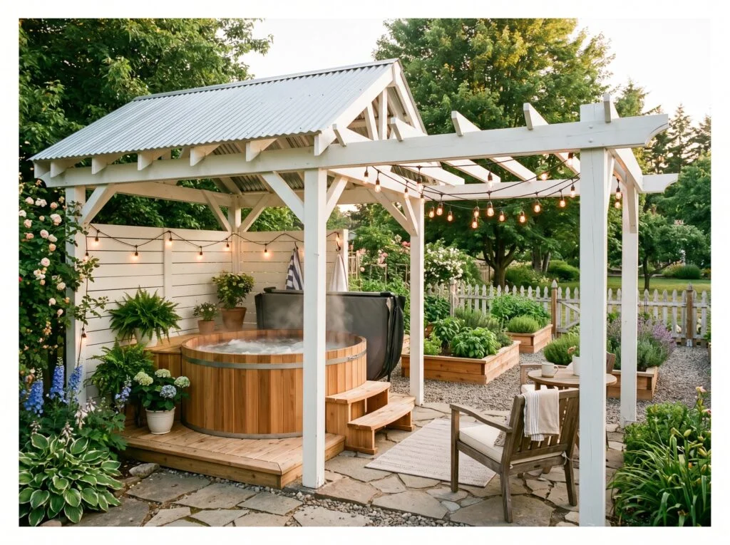 Farmhouse Style Cedar Pergola with Corrugated Metal Roof