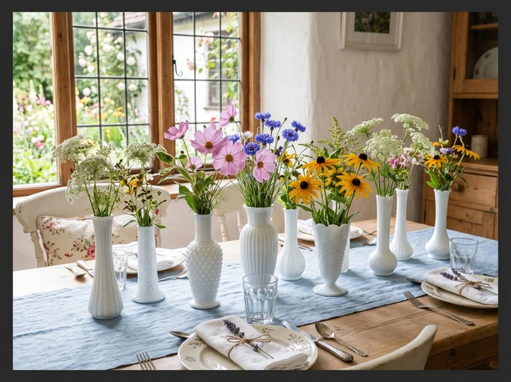 Vintage Milk Glass Vases with Wild-Picked Flowers