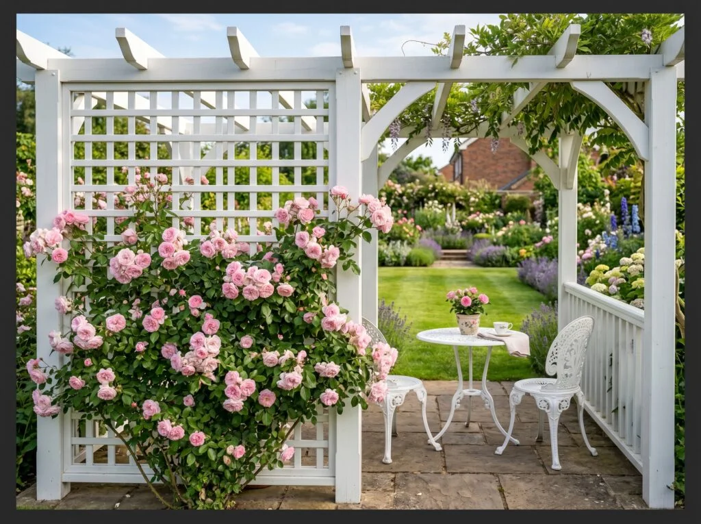 White Vinyl Lattice Privacy Wall with Climbing Roses