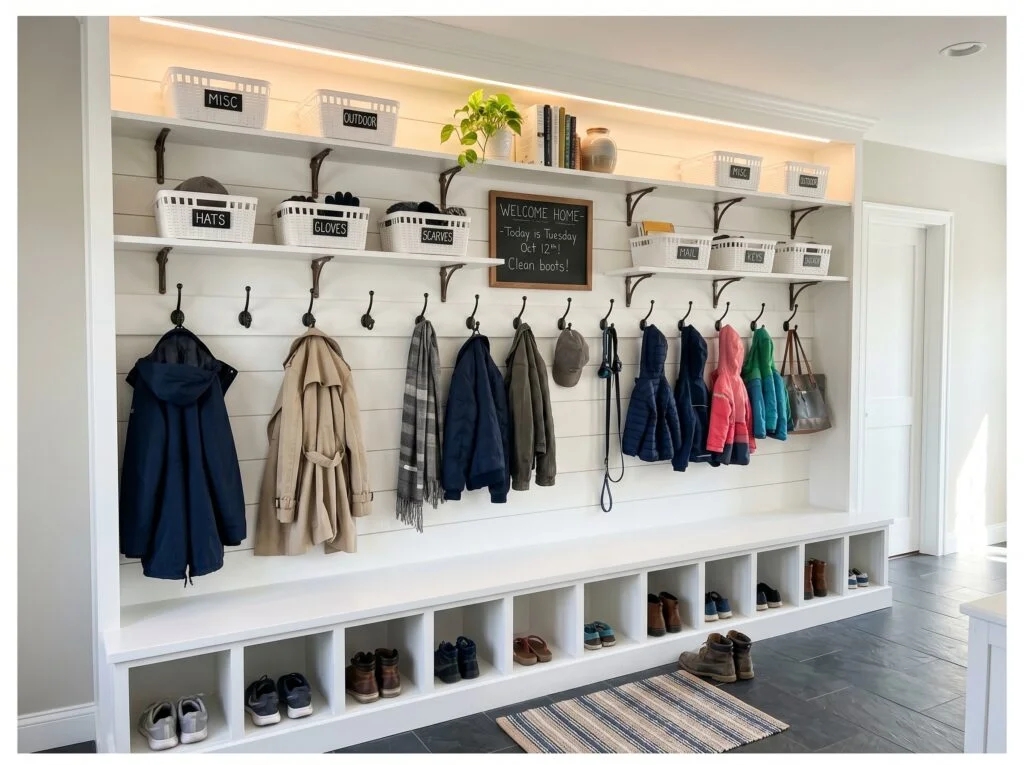 Custom Mudroom Bench with Shoe Cubbies and Top Shelving