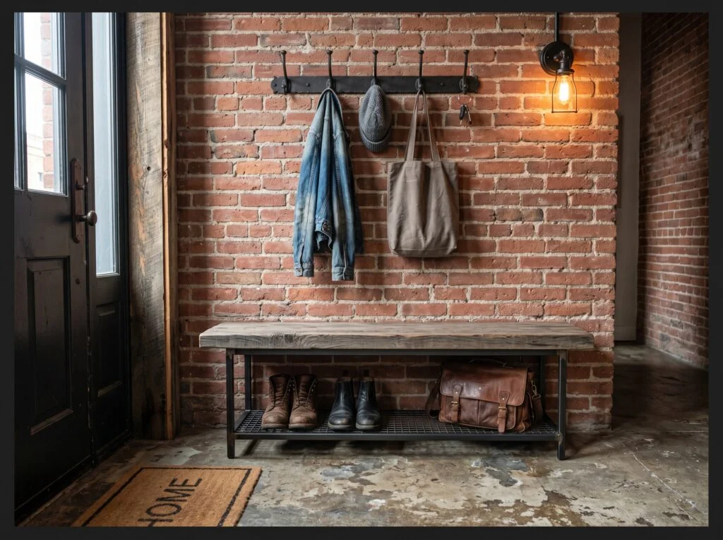 Industrial Black Iron and Reclaimed Wood Bench