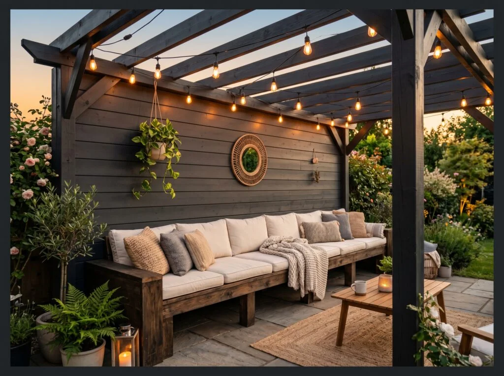 Dark Charcoal Shiplap Privacy Wall with Built-In Bench