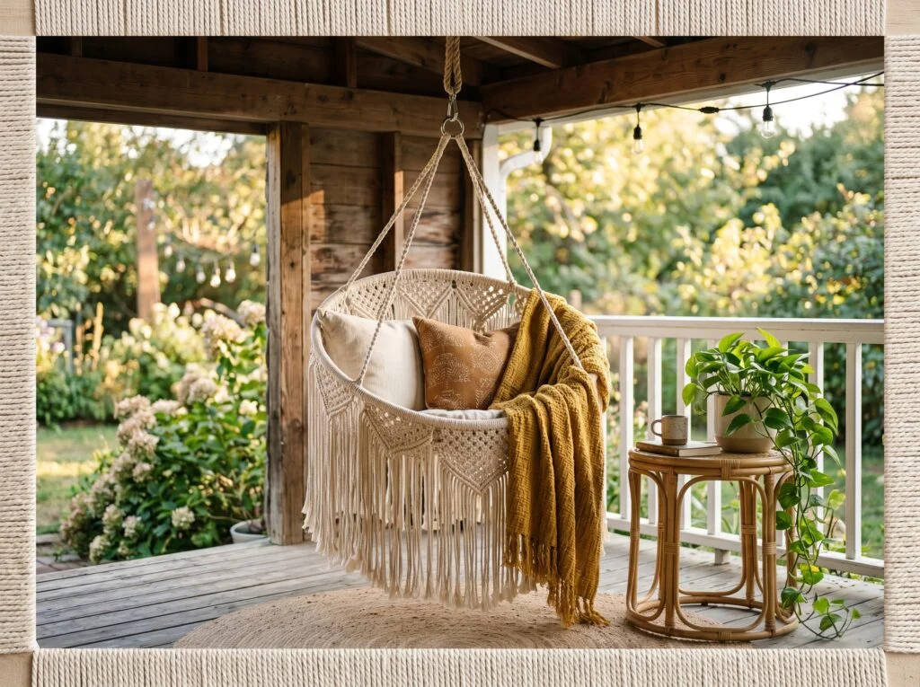 Macramé Hanging Chair on a Covered Porch
