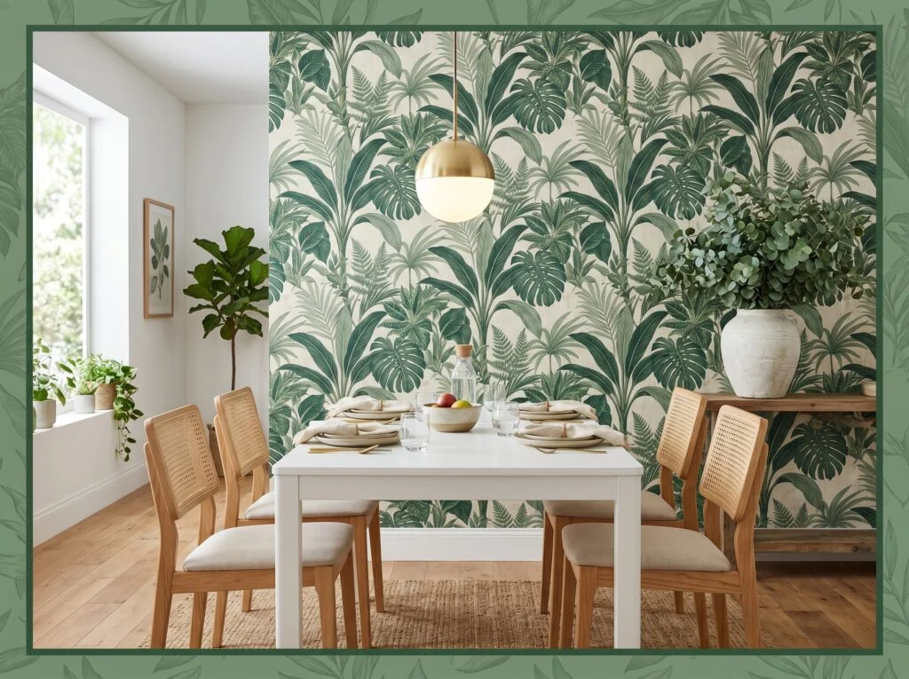 Green and White Botanical Wallpaper Accent