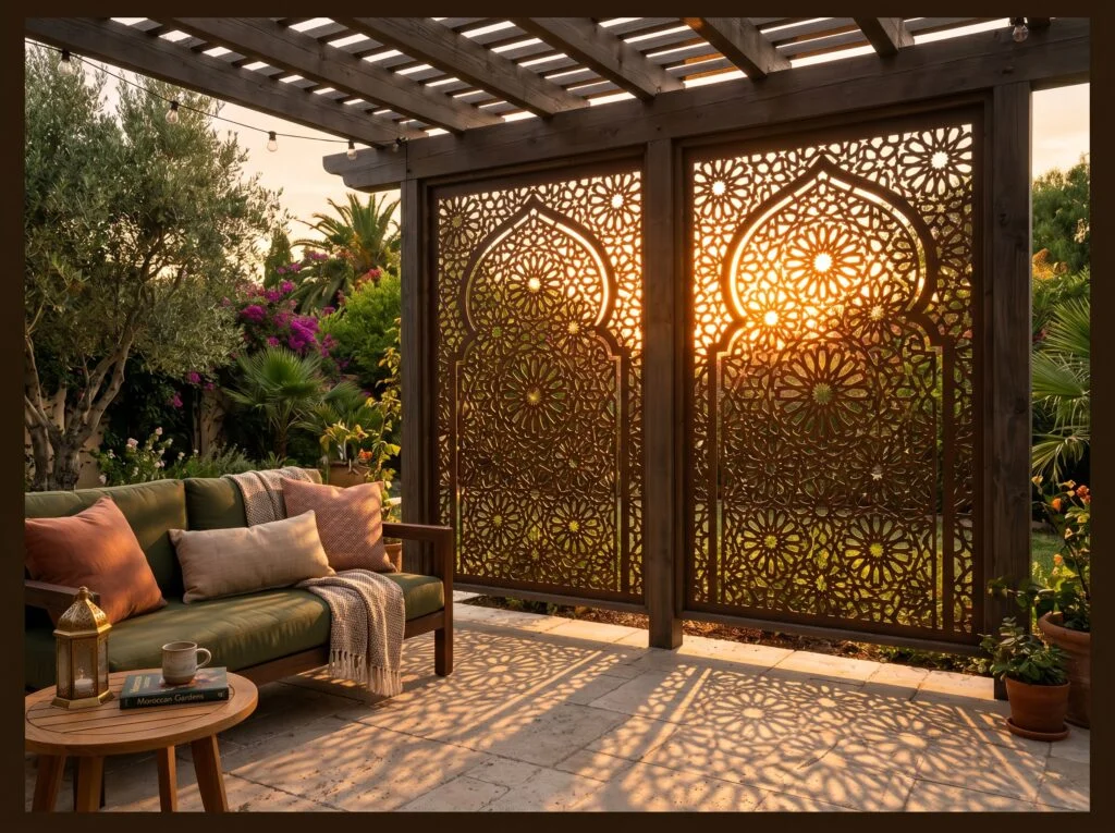 Laser-Cut Bronze Metal Screen Privacy Wall
