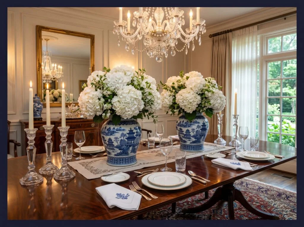 Blue and White Ginger Jars with Mophead Hydrangeas