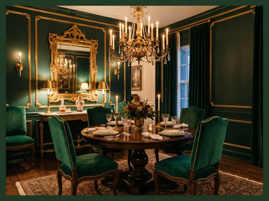 Hunter Green Dining Room with Gold and Velvet