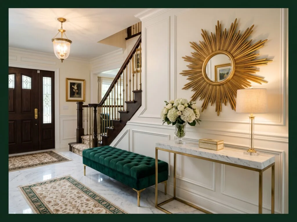 Deep Emerald Velvet Bench with Brass Legs