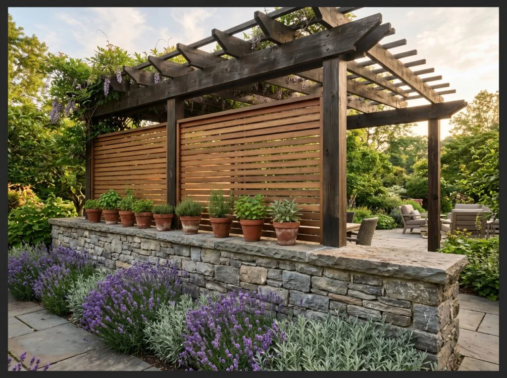 Stacked Natural Stone Low Wall with Cedar Screen Above