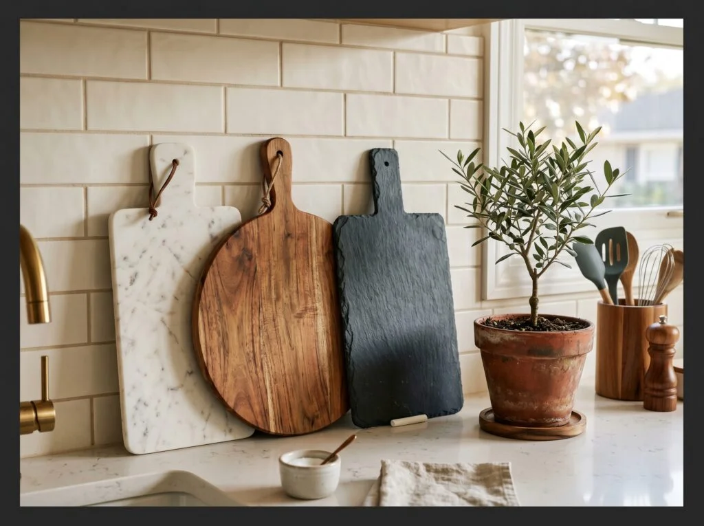 Marble and Wood Serving Boards Leaning Display