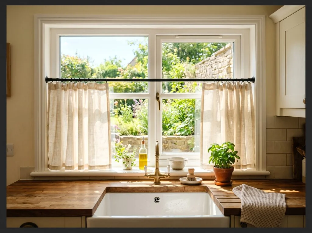 Linen Cafe Curtains on Kitchen Windows