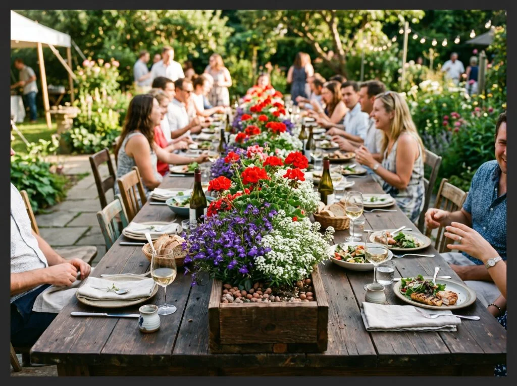 Low Wooden Trough Planter with Seasonal Blooms
