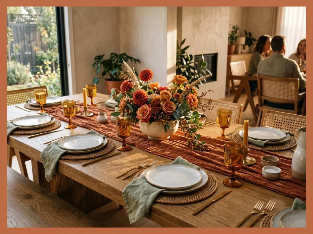 Terracotta and Sage Linen Runner Tablescape