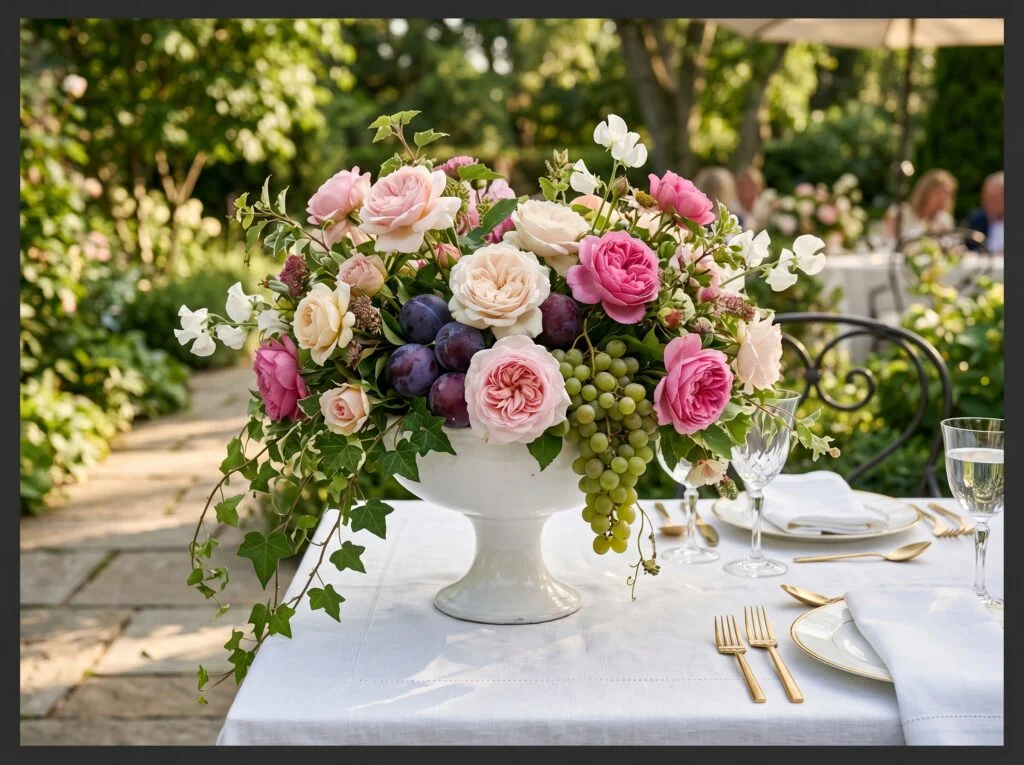 Fruit and Flower Mixed Arrangement in a Compote