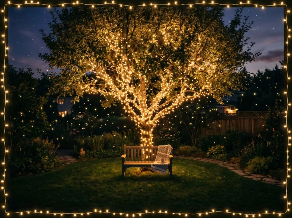 Solar-Powered Fairy Lights in Garden Trees