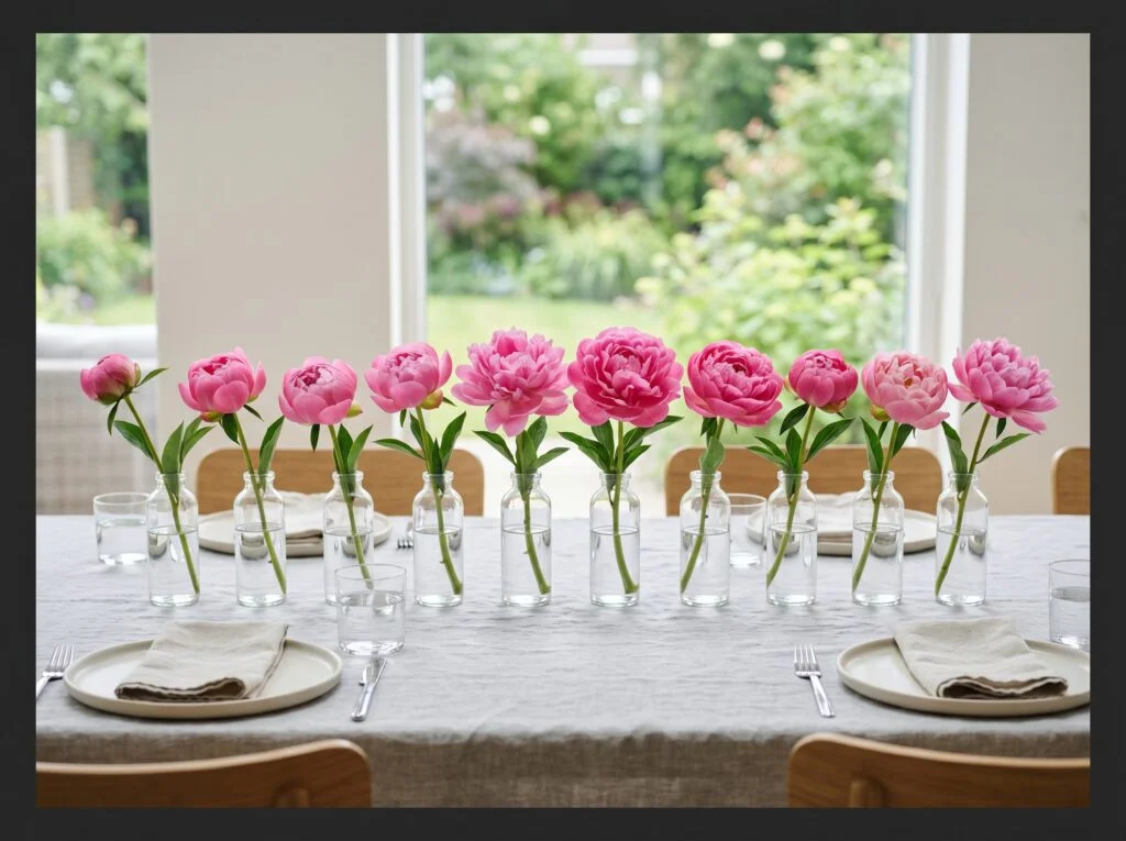 Row of Identical Bud Vases with Single Peony Stems