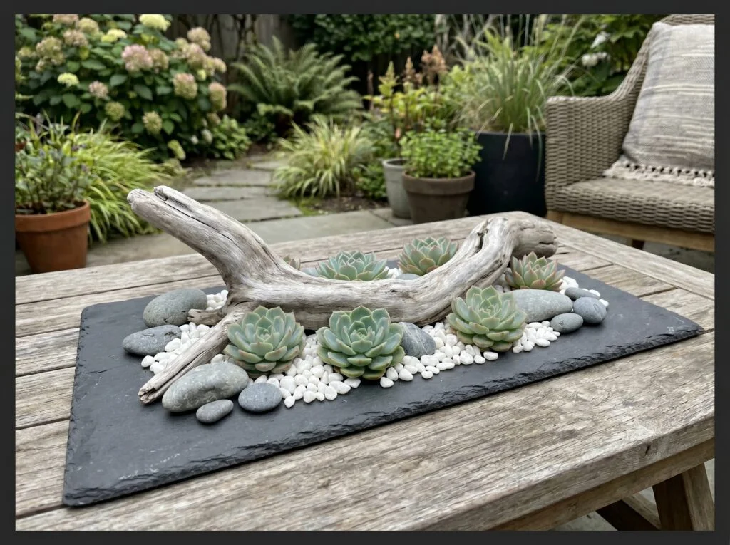 Driftwood and Succulent Sculpture on a Slate Tray