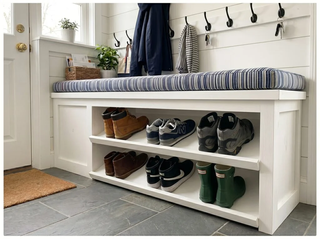 Tiered Angled Shoe Rack Below Bench