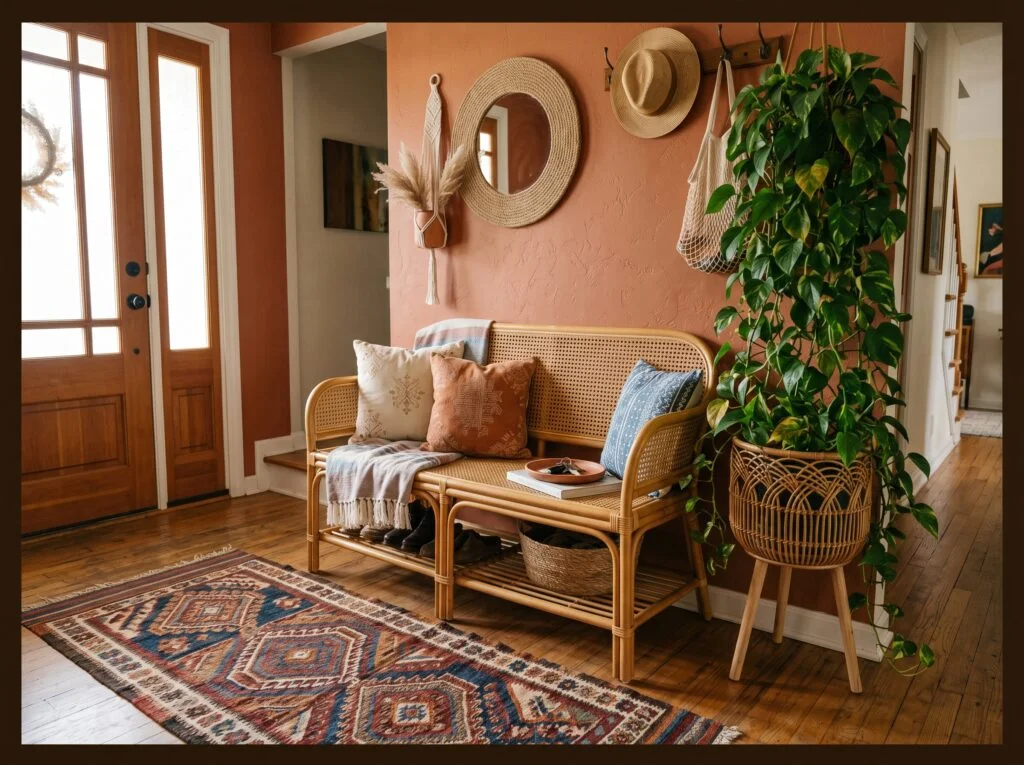 Rattan and Cane Bohemian Bench