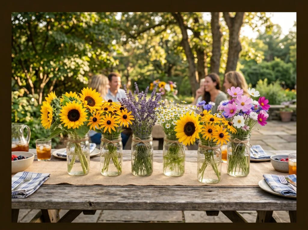 Mason Jar Wildflower Bar for Casual Outdoor Tables