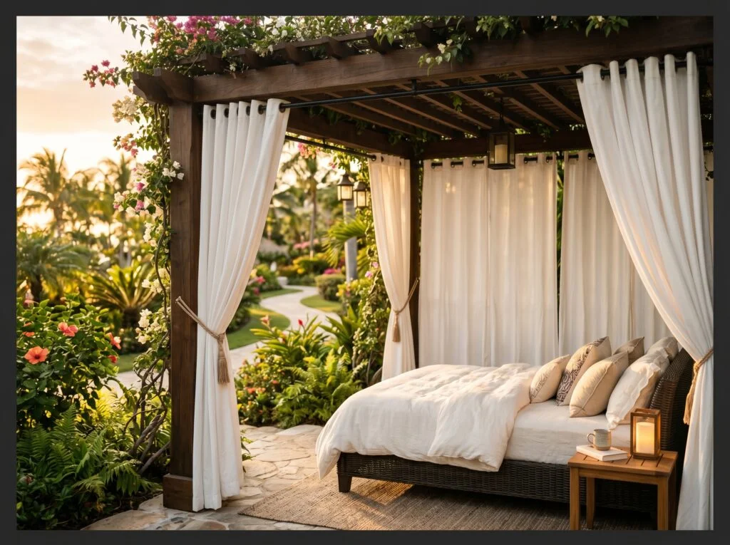 Outdoor Curtain Privacy Wall on Pergola Rods
