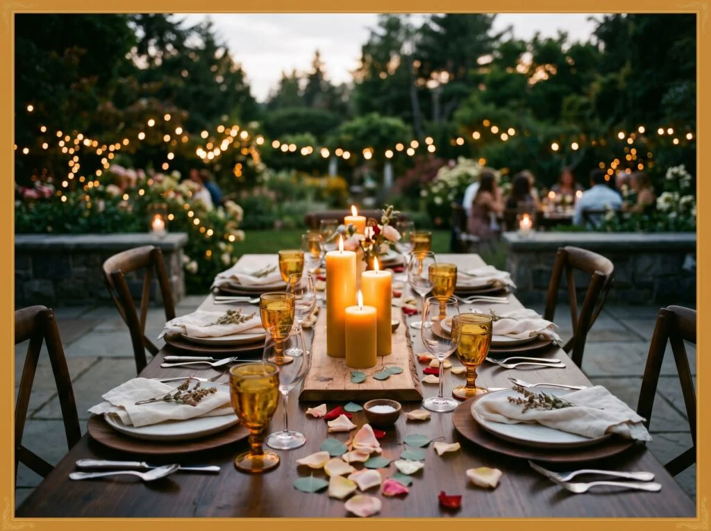 Amber Glass and Warm Candlelight Evening Setting