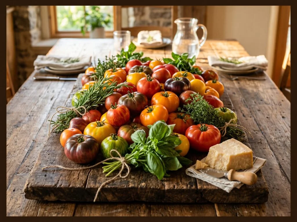 . Heirloom Tomatoes and Herb Bundles on a Wooden Board