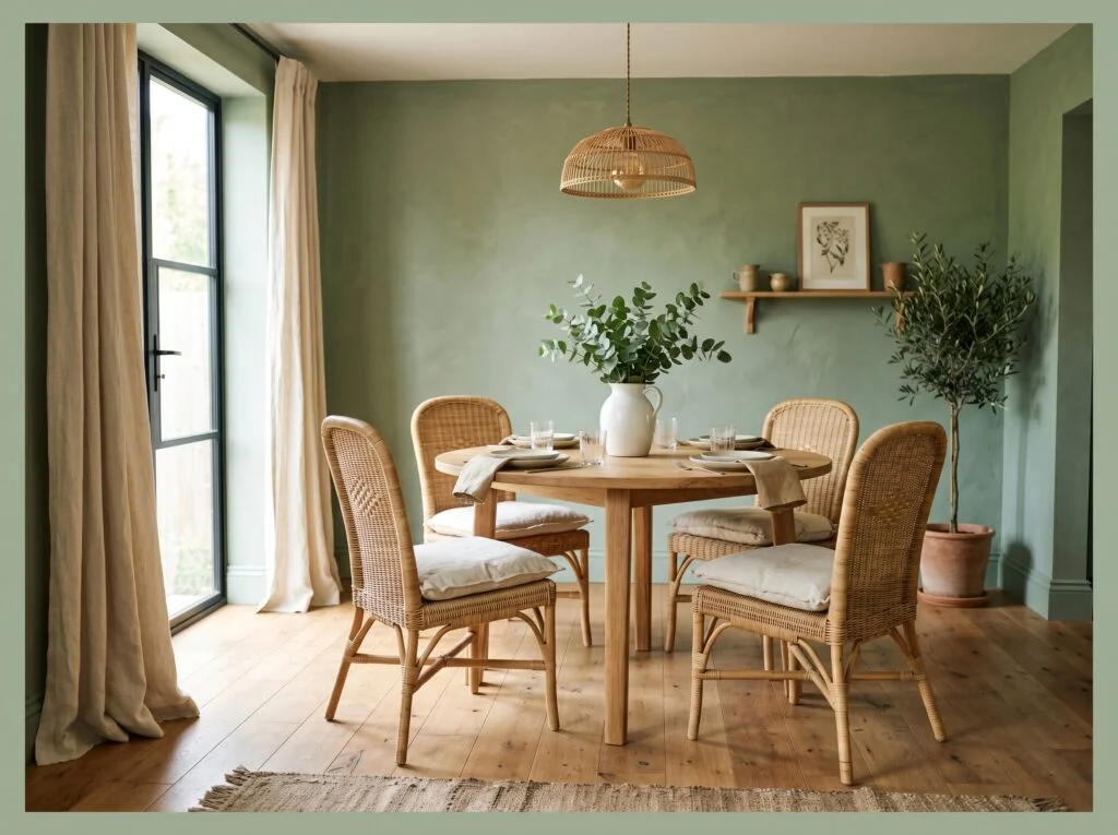 Green Dining Room with Wicker and Linen