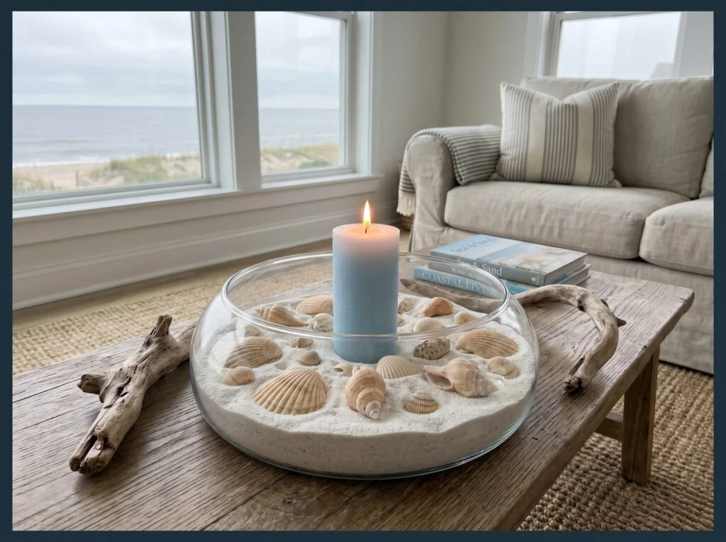 Sand, Shell, and Pillar Candle Coastal Centerpiece