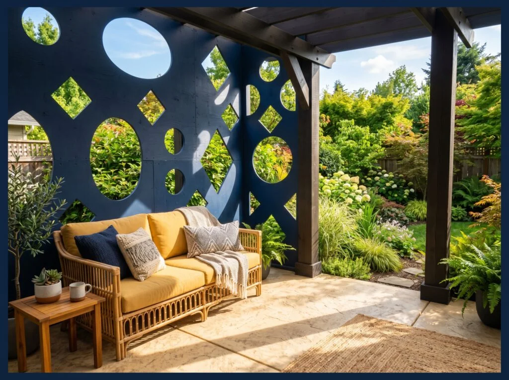Floating Plywood Panel Privacy Wall with Geometric Cutouts