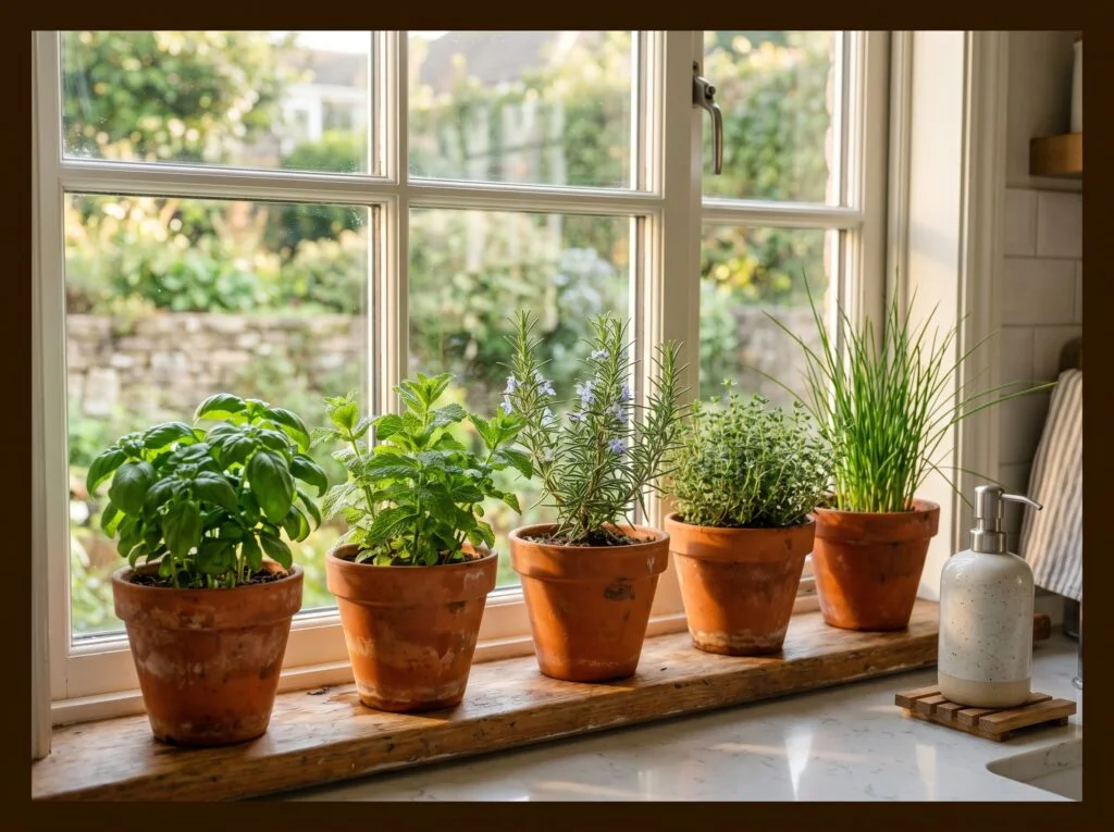 Terracotta Herb Pot Row on the Windowsill