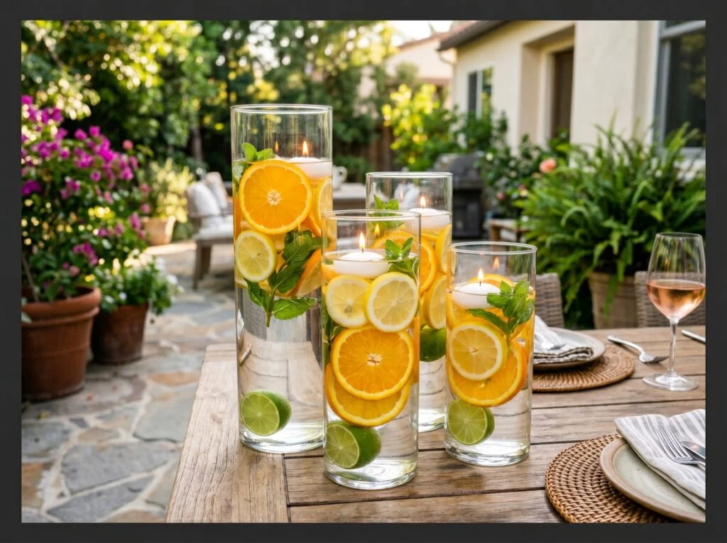 Floating Citrus Slices in Tall Glass Cylinders