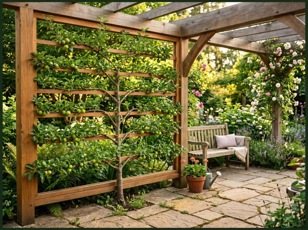 Trellis with Espaliered Fruit Tree Privacy Wall