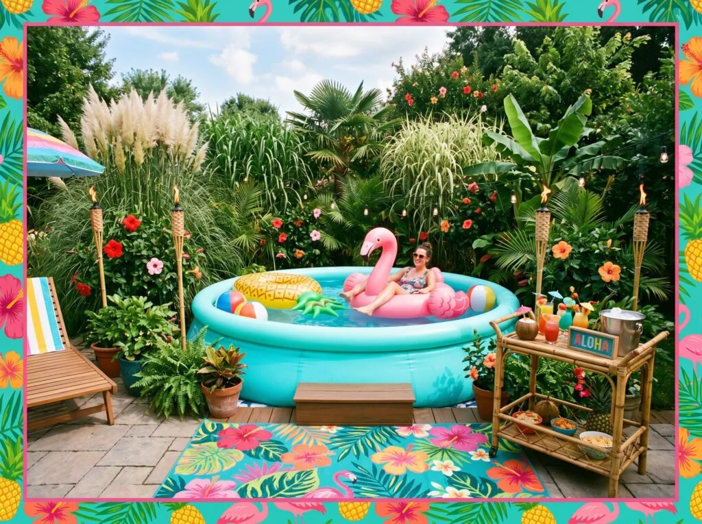 Tropical Tiki Pool Setup with Floats and Accessories