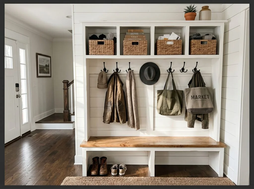 Farmhouse Hall Tree with Integrated Bench