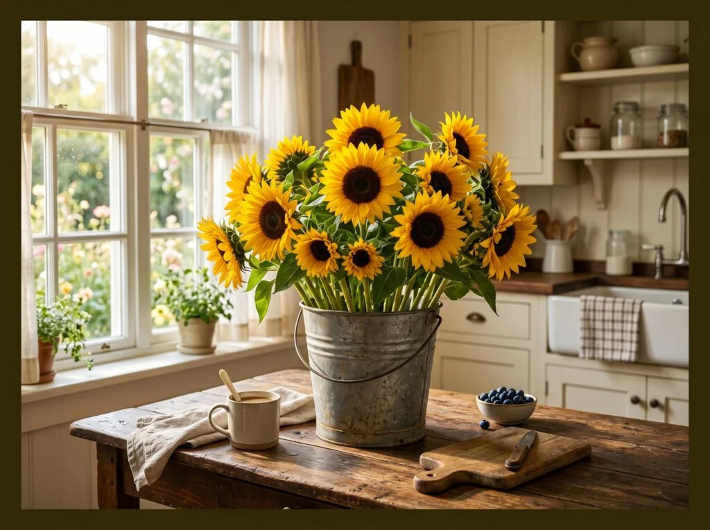 Galvanized Metal Bucket with Sunflowers