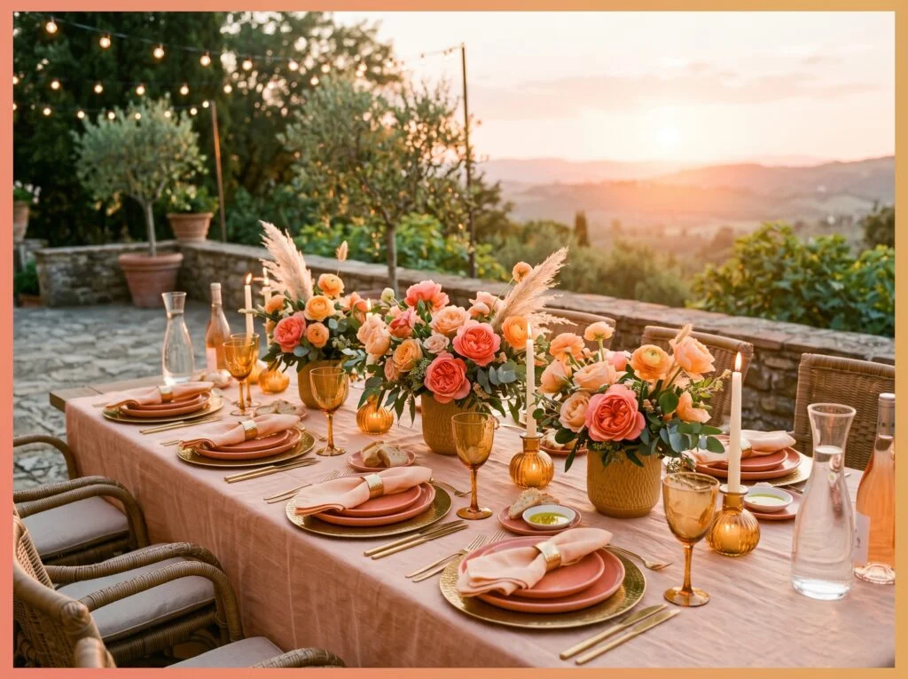 Sunset Color Palette Table: Coral, Gold, and Peach