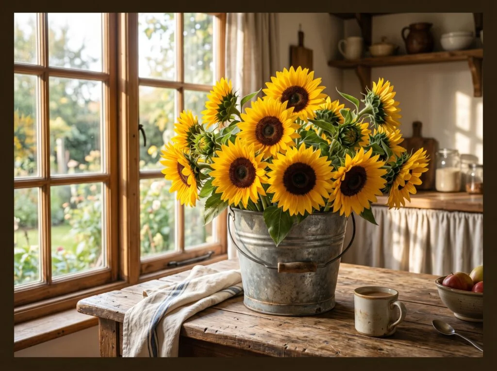 Fresh Sunflowers in a Galvanized Metal Bucket