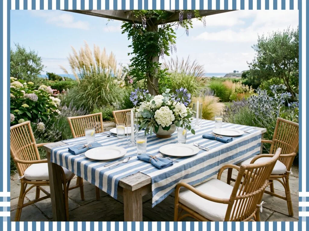 Blue and White Coastal Table for Outdoor Dining