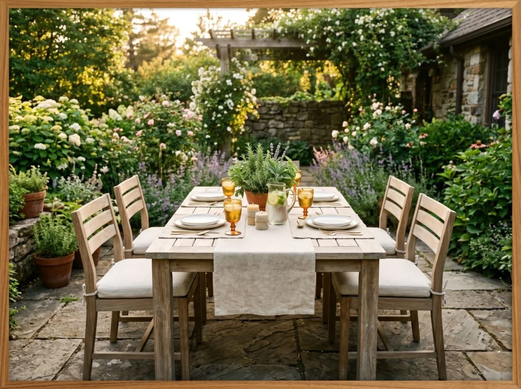 Teak Outdoor Dining Set with Linen Placemats